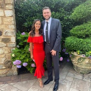 Red lulus midi wedding guest dress - small stain towards bottom as pictured